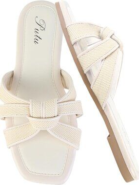 🆕Women's Beige Flat Sandals Square Toe Slide Sandals Cute Braided for Vacation